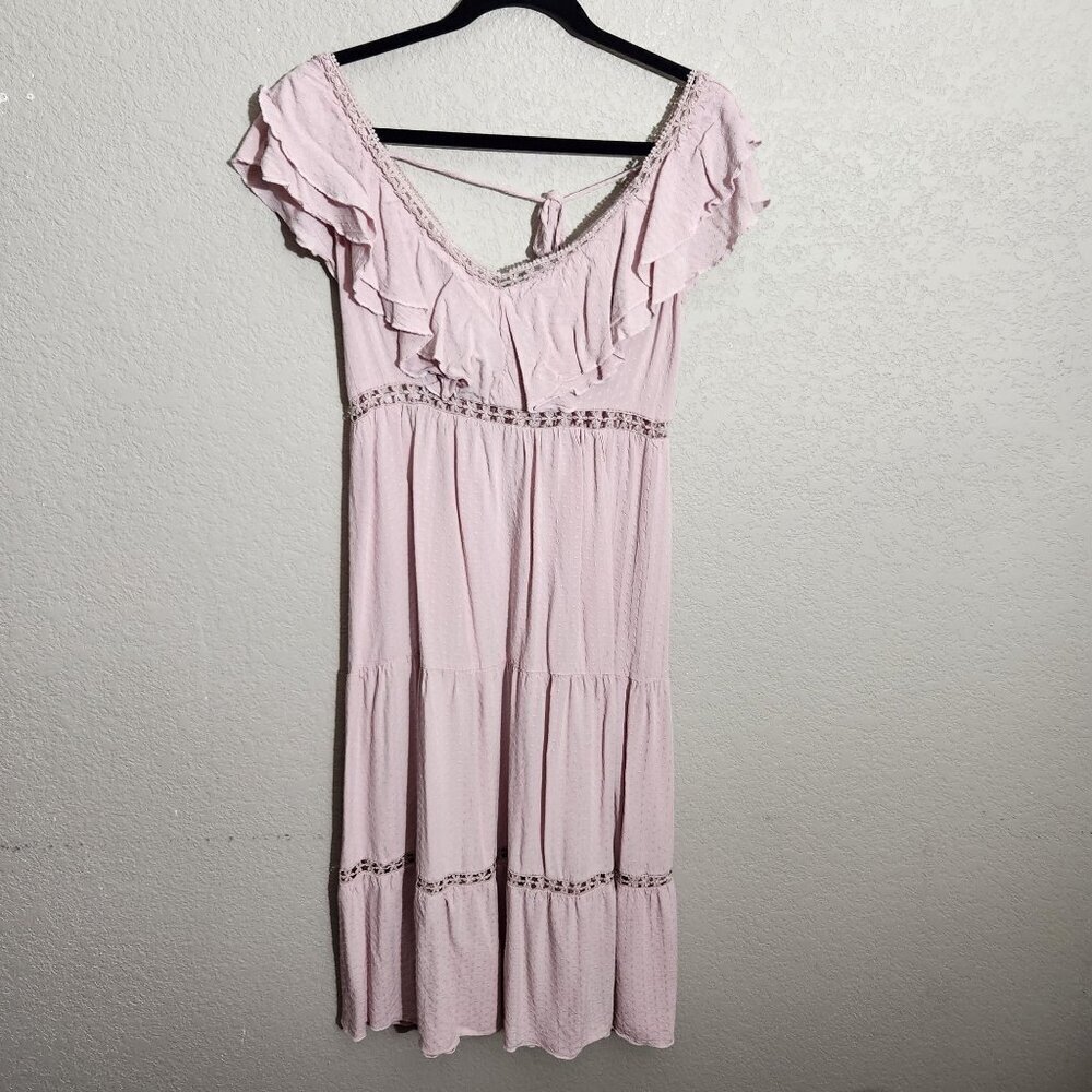 Simplee Dress Womens Medium Light Pink Maxi Dress Ruffle Sleeves & Lace Fairy